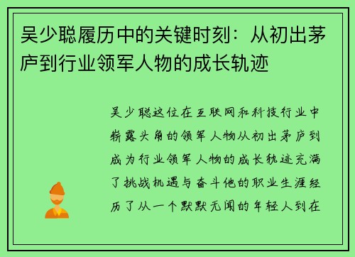 吴少聪履历中的关键时刻：从初出茅庐到行业领军人物的成长轨迹