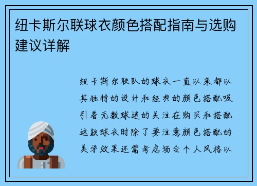 纽卡斯尔联球衣颜色搭配指南与选购建议详解