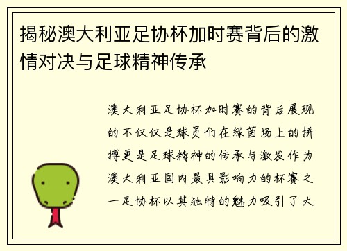 揭秘澳大利亚足协杯加时赛背后的激情对决与足球精神传承