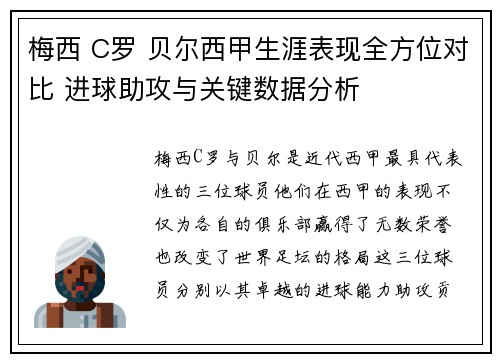 梅西 C罗 贝尔西甲生涯表现全方位对比 进球助攻与关键数据分析